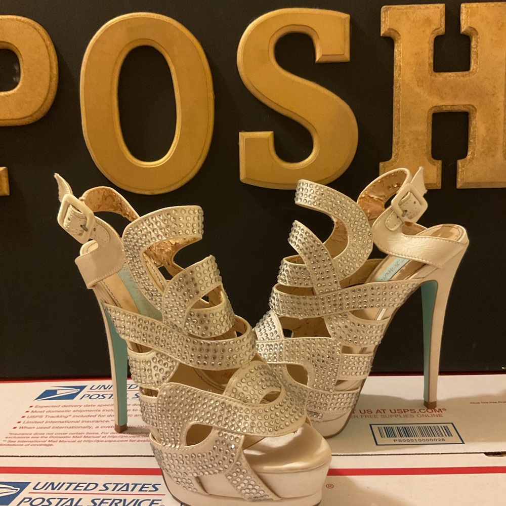 Betsey Johnson Ivory Rhinestone Strappy High Heel Sandals with Aqua Soles